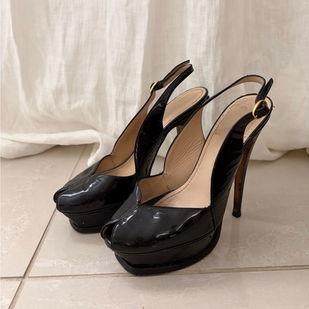YSL YVES SAINT LAURENT Black Patent Slingback Platform Peep-Toe Pumps